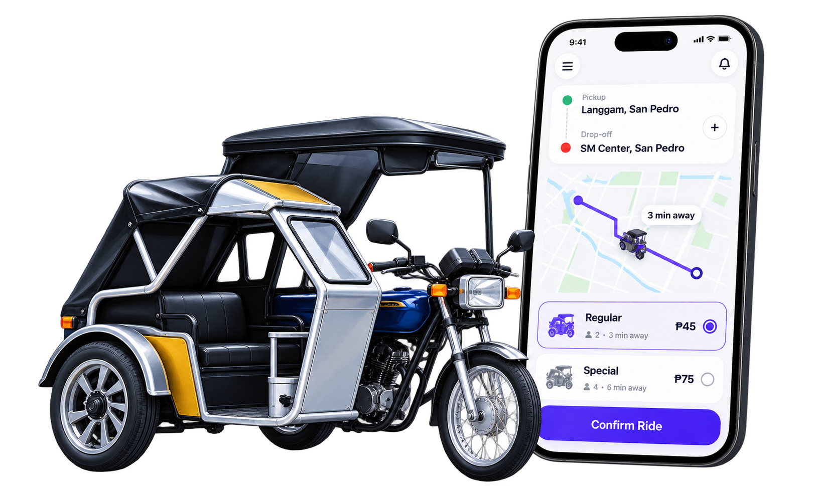 WeTrike app preview with route map and white SUV
